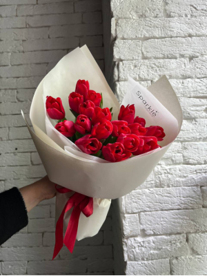 Букет 19 червоних тюльпанів